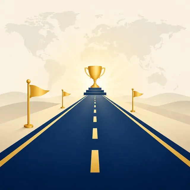 A navy road running toward a gold trophy on a podium, marking the road to success